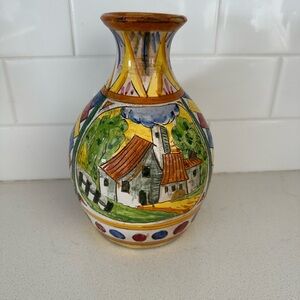 Hand-Painted Ceramic Vase with Scenic Design Artist Signed